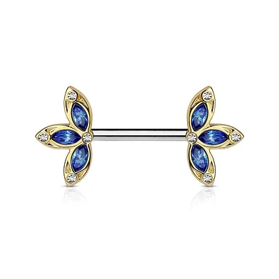 Surgical Steel Gold PVD Petal Nipple Ring Barbell with Blue CZ
