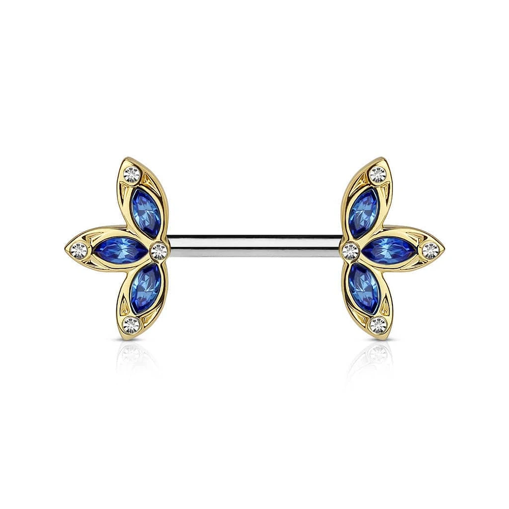 Surgical Steel Gold PVD Petal Nipple Ring Barbell with Blue CZ