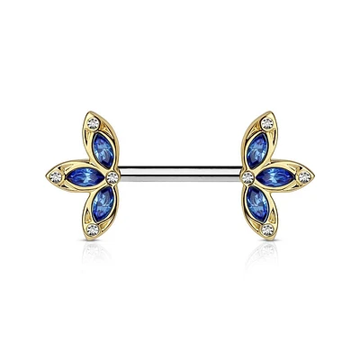 Surgical Steel Gold PVD Petal Nipple Ring Barbell with Blue CZ