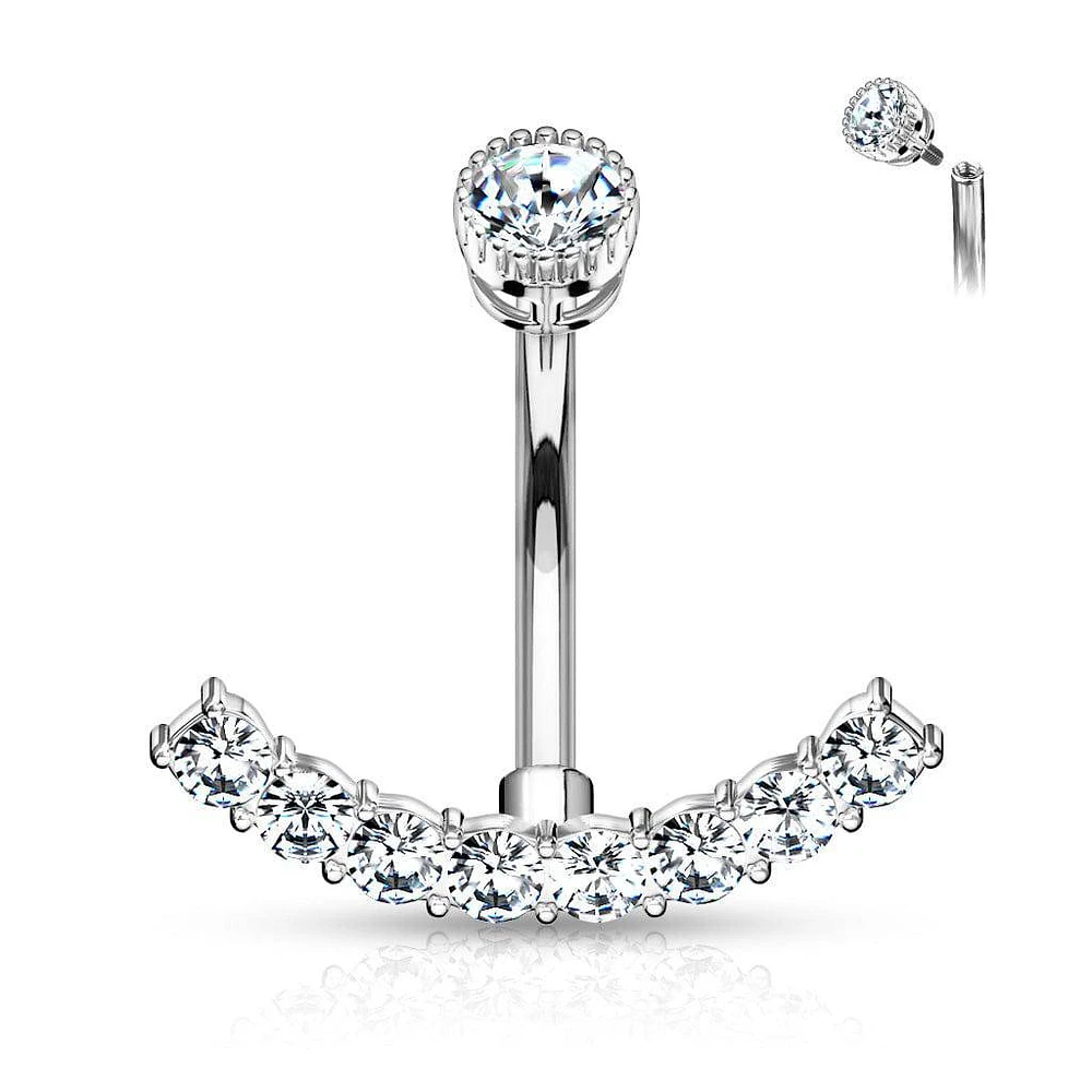 Surgical Steel Internally Threaded Belly Ring with White CZ Curved Bottom