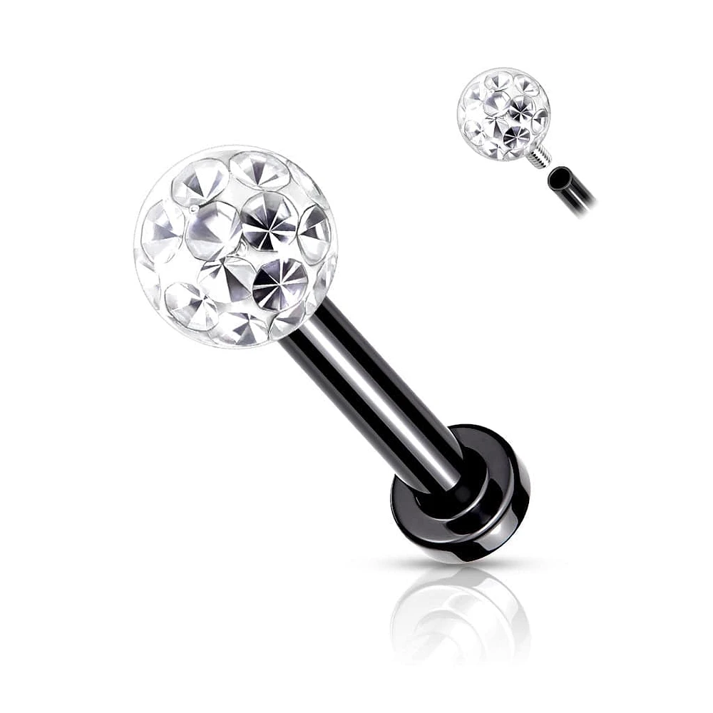 Surgical Steel Internally Threaded Black PVD White CZ Epoxy Coated Shamballa Labret