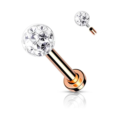 Surgical Steel Internally Threaded Rose Gold PVD White CZ Epoxy Coated Shamballa Labret