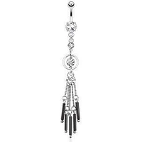 Surgical Steel Long Clear CZ Black Bars Chain Dangling Belly Button Navel Ring