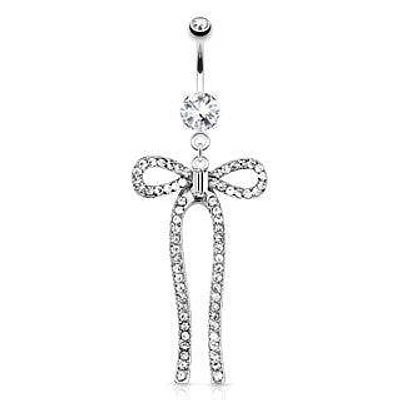 Surgical Steel Long Clear CZ Paved Gems Ribbon Bow Belly Ring