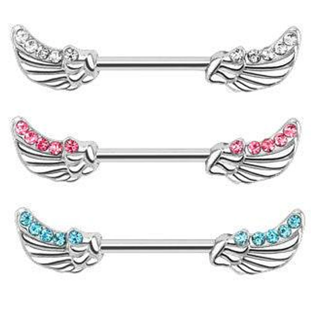 Surgical Steel Nipple Ring Bar with Angel Wing Feathers with CZ Gems