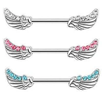 Surgical Steel Nipple Ring Bar with Angel Wing Feathers with CZ Gems