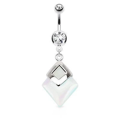 Surgical Steel Opaque Opalite Quartz Semi Precious Organic Stone Belly Button Navel Ring Dangle