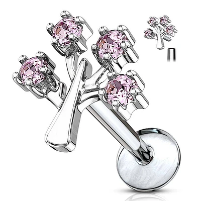 Surgical Steel Pink CZ Tree Of Life Internally Threaded Labret