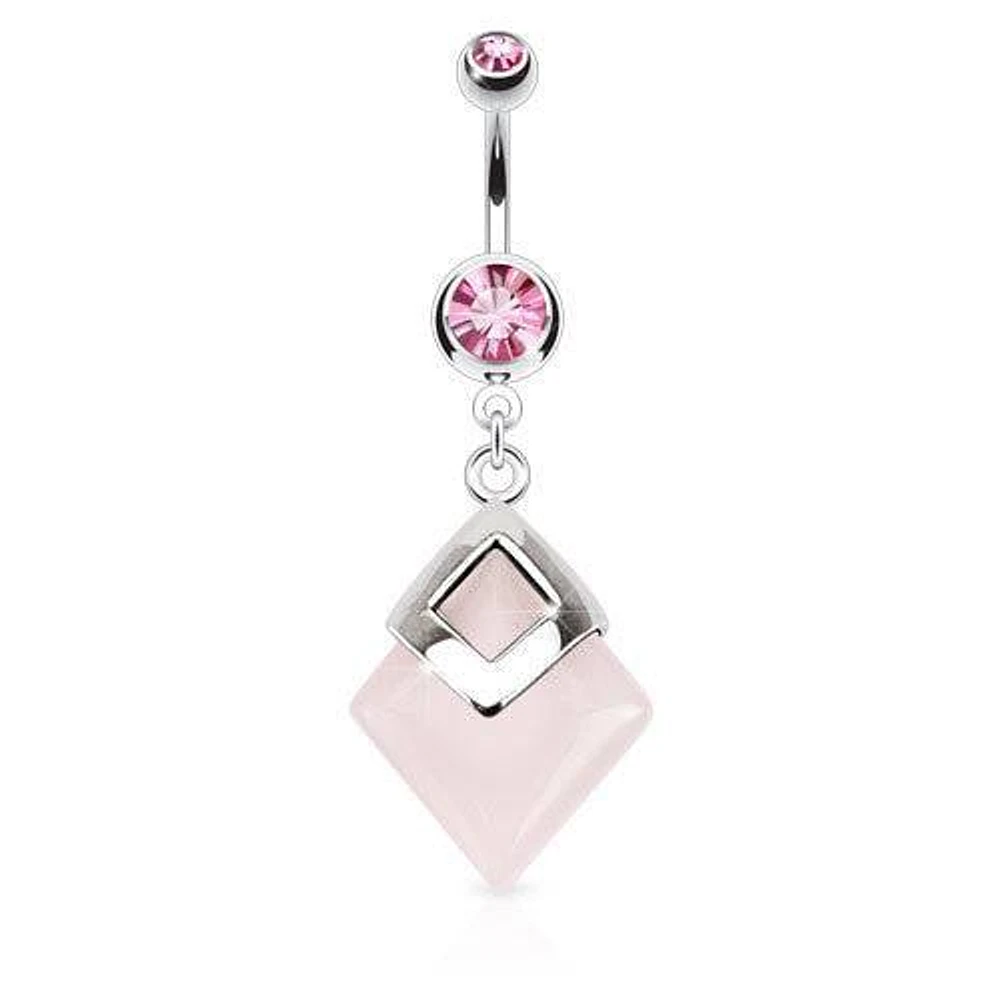 Surgical Steel Pink Rose Quartz Semi Precious Organic Stone Belly Button Navel Ring Dangle
