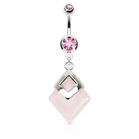 Surgical Steel Pink Rose Quartz Semi Precious Organic Stone Belly Button Navel Ring Dangle
