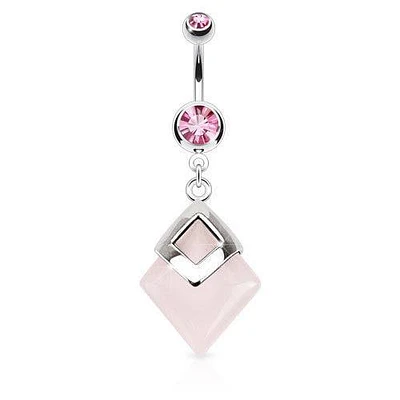 Surgical Steel Pink Rose Quartz Semi Precious Organic Stone Belly Button Navel Ring Dangle