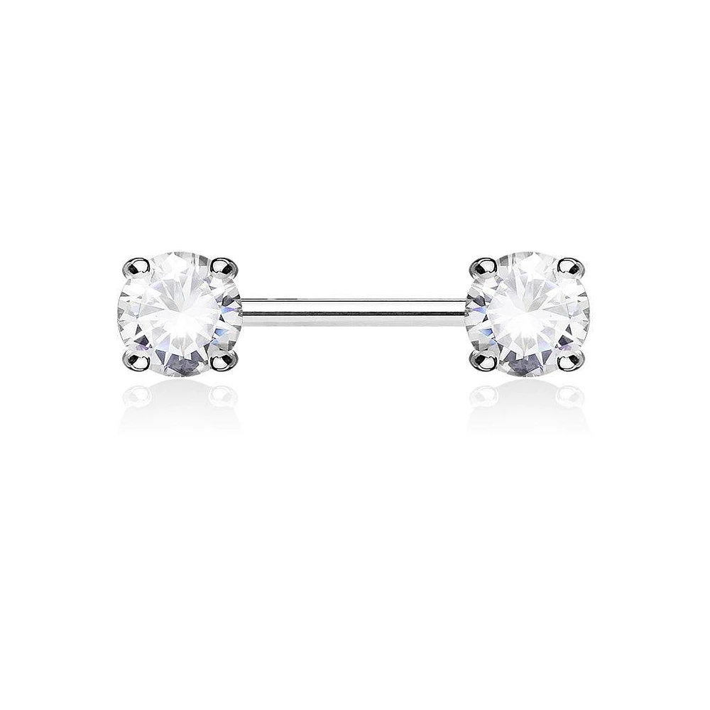Surgical Steel Prong Double Round White CZ Nipple Ring Barbell