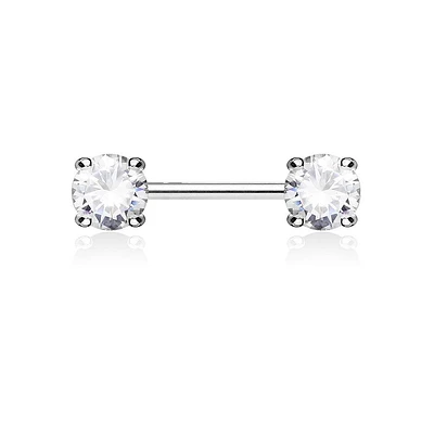 Surgical Steel Prong Double Round White CZ Nipple Ring Barbell