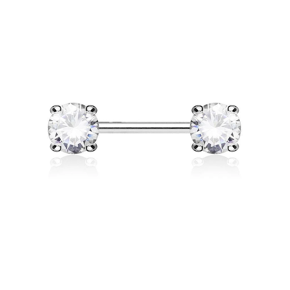 Surgical Steel Prong Double Round White CZ Nipple Ring Barbell