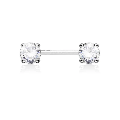 Surgical Steel Prong Double Round White CZ Nipple Ring Barbell