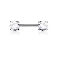 Surgical Steel Prong Double Round White CZ Nipple Ring Barbell