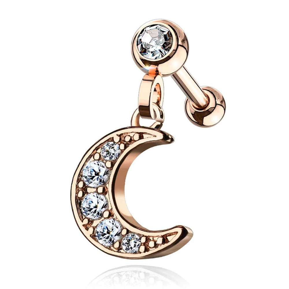 Surgical Steel Rose Gold Plated Ball Back Crescent Moon White CZ Dangle Cartilage Ring