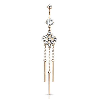 Surgical Steel Rose Gold Plated Dangling Gemmed Square with Chimes Belly Button Navel Ring