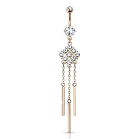 Surgical Steel Rose Gold Plated Dangling Gemmed Square with Chimes Belly Button Navel Ring