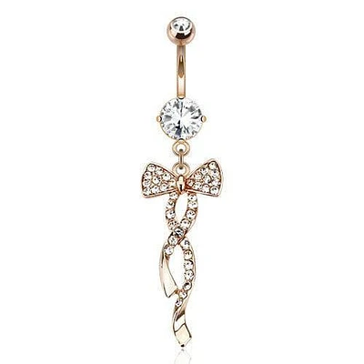 Surgical Steel Rose Gold Plated Dangling Gemmed Swirl Ribbon Belly Button Navel Ring