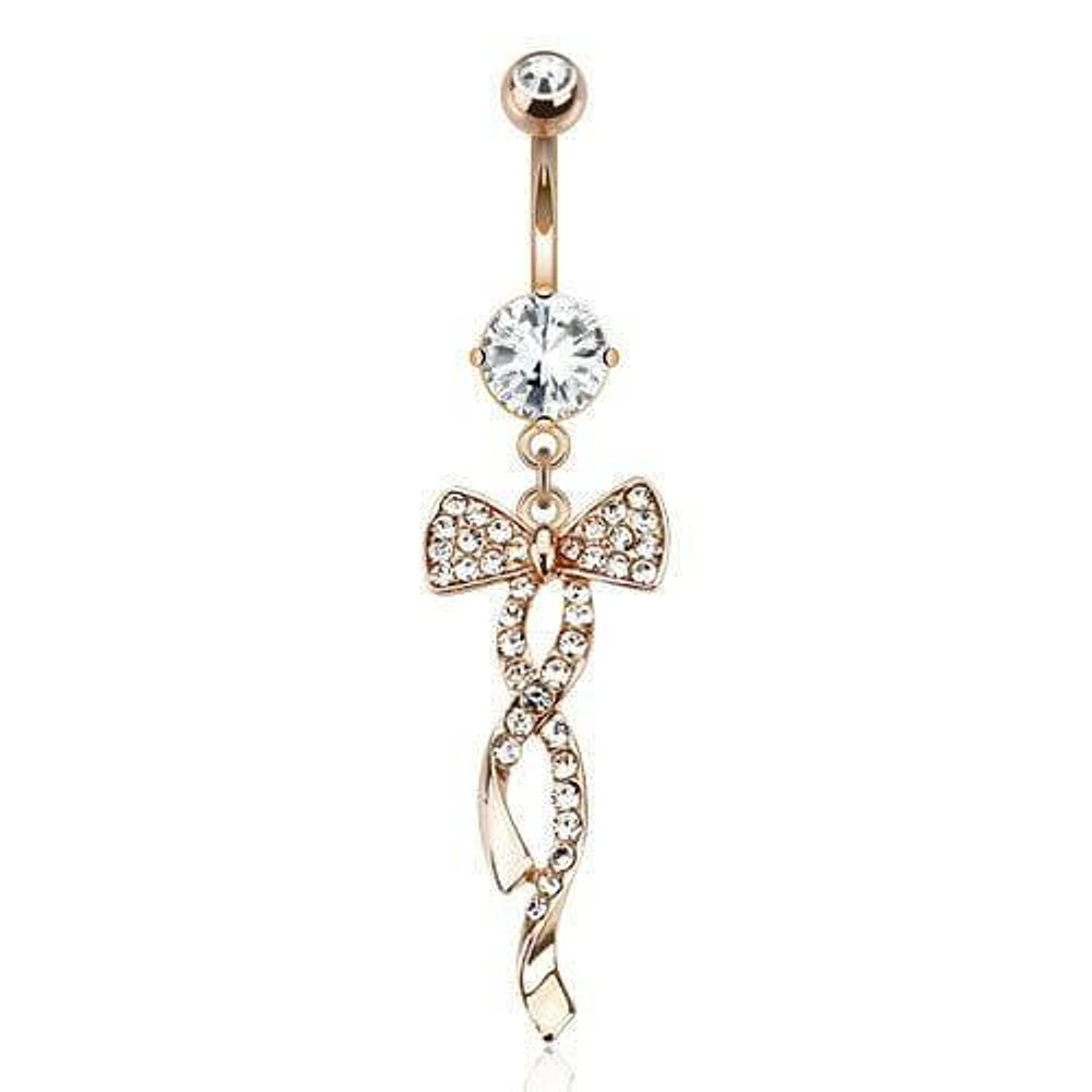 Surgical Steel Rose Gold Plated Dangling Gemmed Swirl Ribbon Belly Button Navel Ring