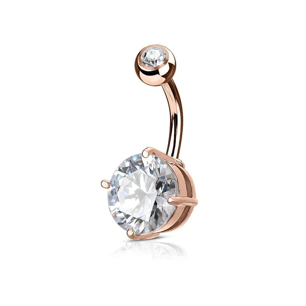 Surgical Steel Rose Gold Plated Prong White CZ Classic Belly Button Ring