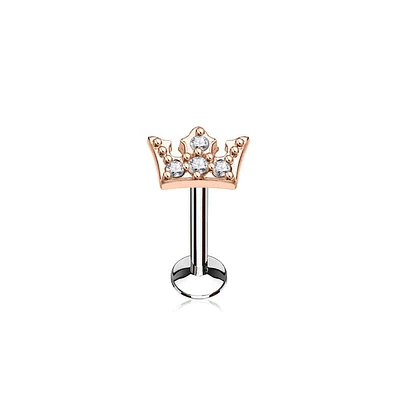 Surgical Steel Rose Gold Plated White CZ Crown Labret