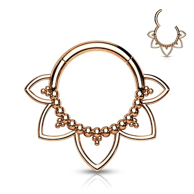 Surgical Steel Rose Gold PVD Floral Tribal Hinged Septum Ring Hoop Clicker