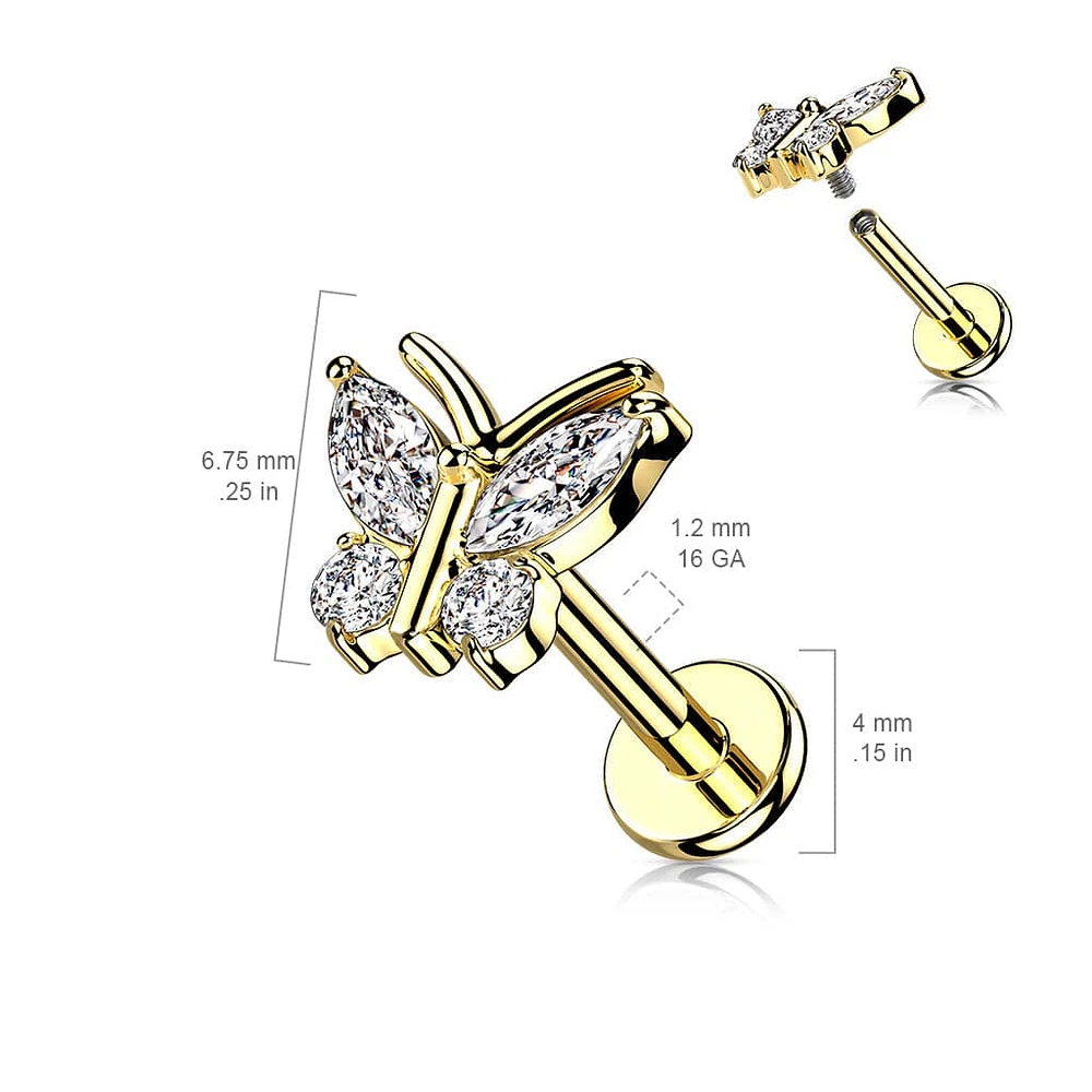 Surgical Steel Rose Gold PVD Internally Threaded White CZ Gem Butterfly Flat Back Labret