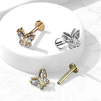 Surgical Steel Rose Gold PVD Internally Threaded White CZ Gem Butterfly Flat Back Labret