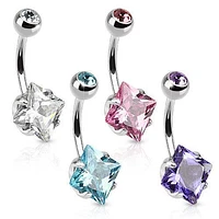 Surgical Steel Square CZ Gem Prong Stone Belly Button Navel Ring Bar