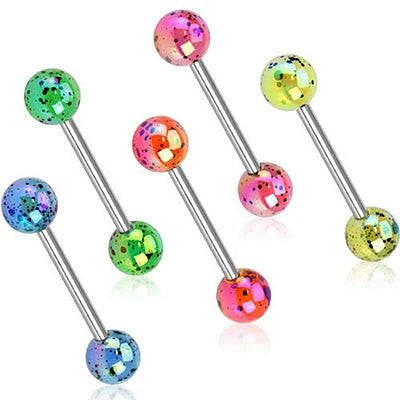 Surgical Steel Tongue Ring Straight Barbell Bar with Acrylic Splash Metallic Balls