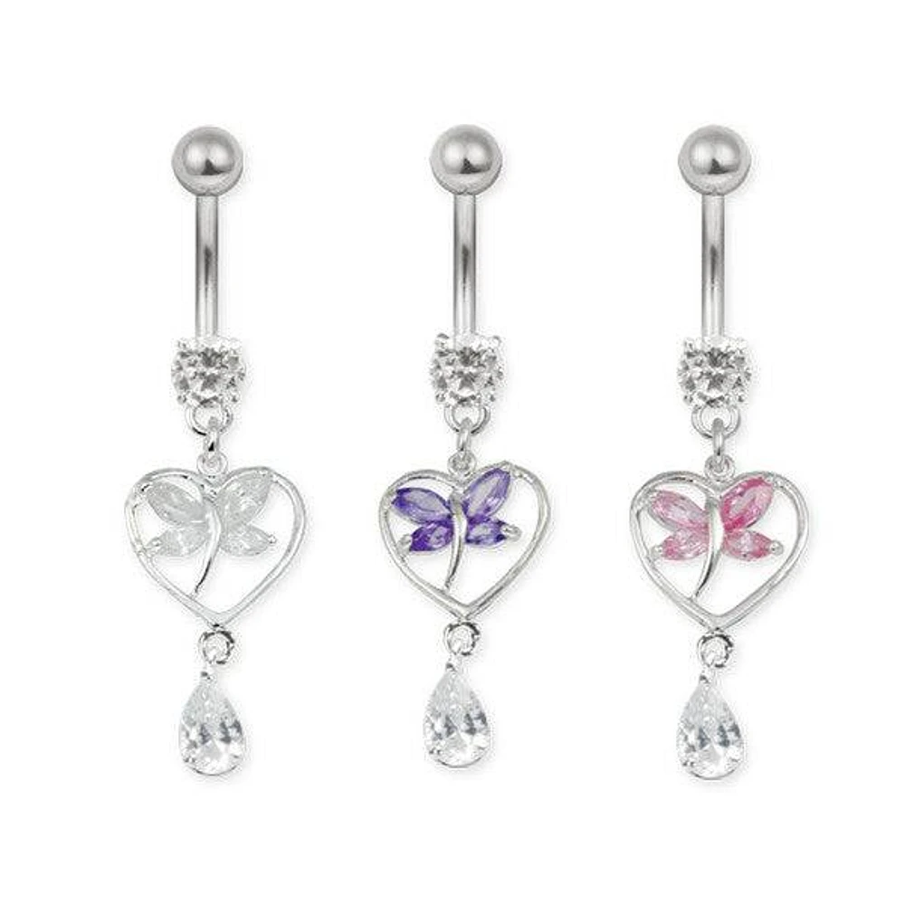 Surgical Steel White CZ Gem Crystal Butterfly Heart Dangle Belly Button Navel Ring