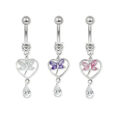 Surgical Steel White CZ Gem Crystal Butterfly Heart Dangle Belly Button Navel Ring