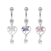 Surgical Steel White CZ Gem Crystal Butterfly Heart Dangle Belly Button Navel Ring