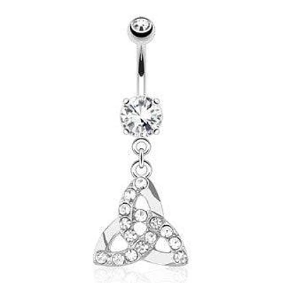 Surgical Steel White CZ Gem Paved Celtic Knot Belly Button Dangling Belly Ring