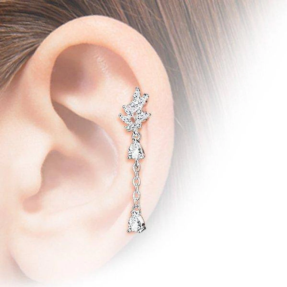 Surgical Steel White CZ Leaf Dangling Teardrop Cartilage Ring