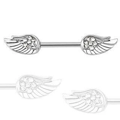 Surgical Steel White Flower with Full Angel Wings CZ Nipple Ring Barbell