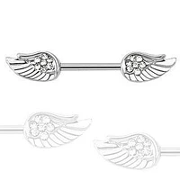 Surgical Steel White Flower with Full Angel Wings CZ Nipple Ring Barbell