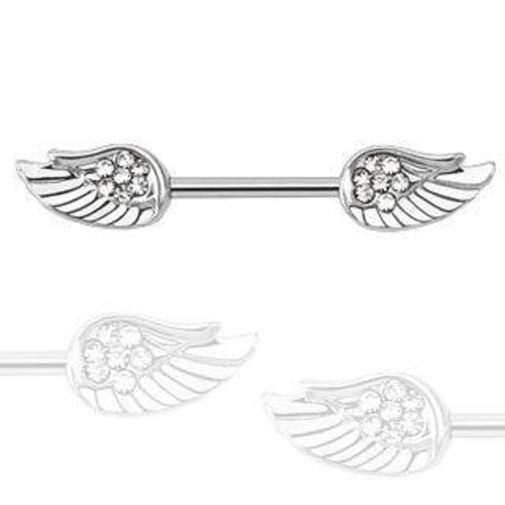 Surgical Steel White Flower with Full Angel Wings CZ Nipple Ring Barbell