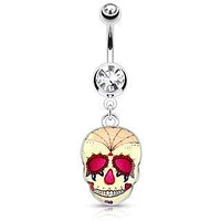 Surgical Steel Yellow Sugar Skull Belly Button Dangling Navel Ring