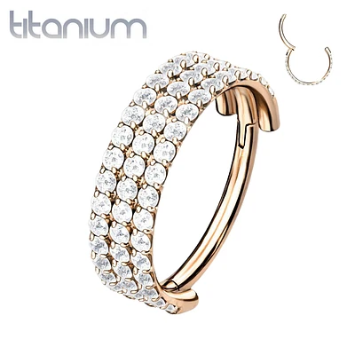 Implant Grade Titanium Rose Gold PVD Triple Row White CZ Pave Hinged Clicker Hoop