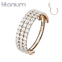 Implant Grade Titanium Rose Gold PVD Triple Row White CZ Pave Hinged Clicker Hoop