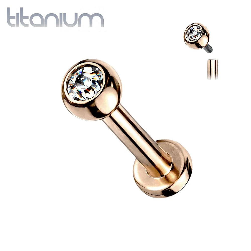 Implant Grade Titanium Internally Threaded Rose Gold PVD White CZ Labret Flat Back