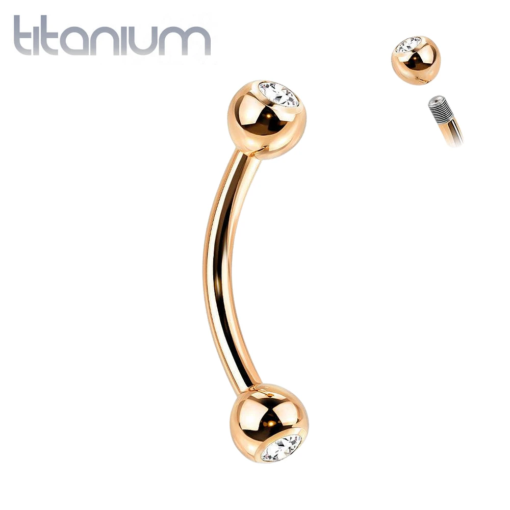 Implant Grade Titanium Rose Gold PVD Curved Barbell With White CZ Gem