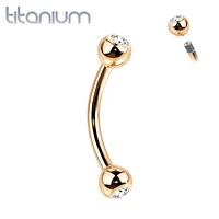 Implant Grade Titanium Rose Gold PVD Curved Barbell With White CZ Gem