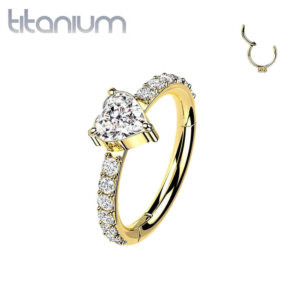 Implant Grade Titanium Gold PVD White CZ With Heart Shaped Center Hinged Clicker Hoop