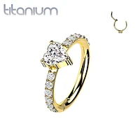 Implant Grade Titanium Gold PVD White CZ With Heart Shaped Center Hinged Clicker Hoop