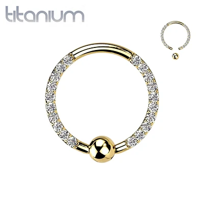 Implant Grade Titanium Gold PVD Front Facing White CZ Pave CBR Hoop Ring