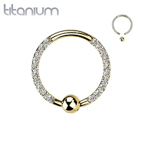 Implant Grade Titanium Gold PVD Front Facing White CZ Pave CBR Hoop Ring